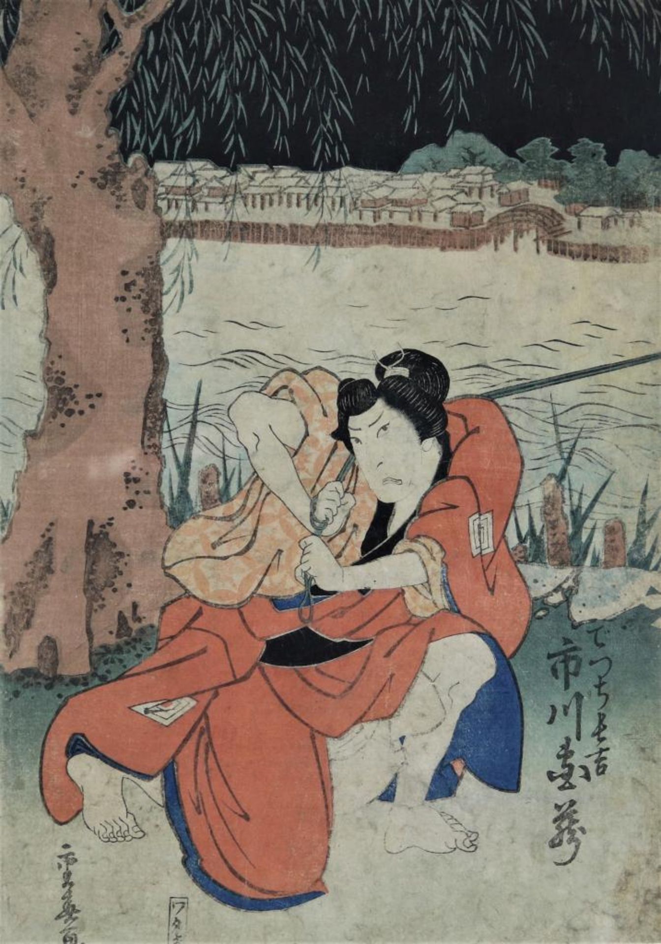 KUNISADA, UTAGAWA (1786-1865), Figuur met touw aan rivierbedding, houtsnede 37 x 26 cm.