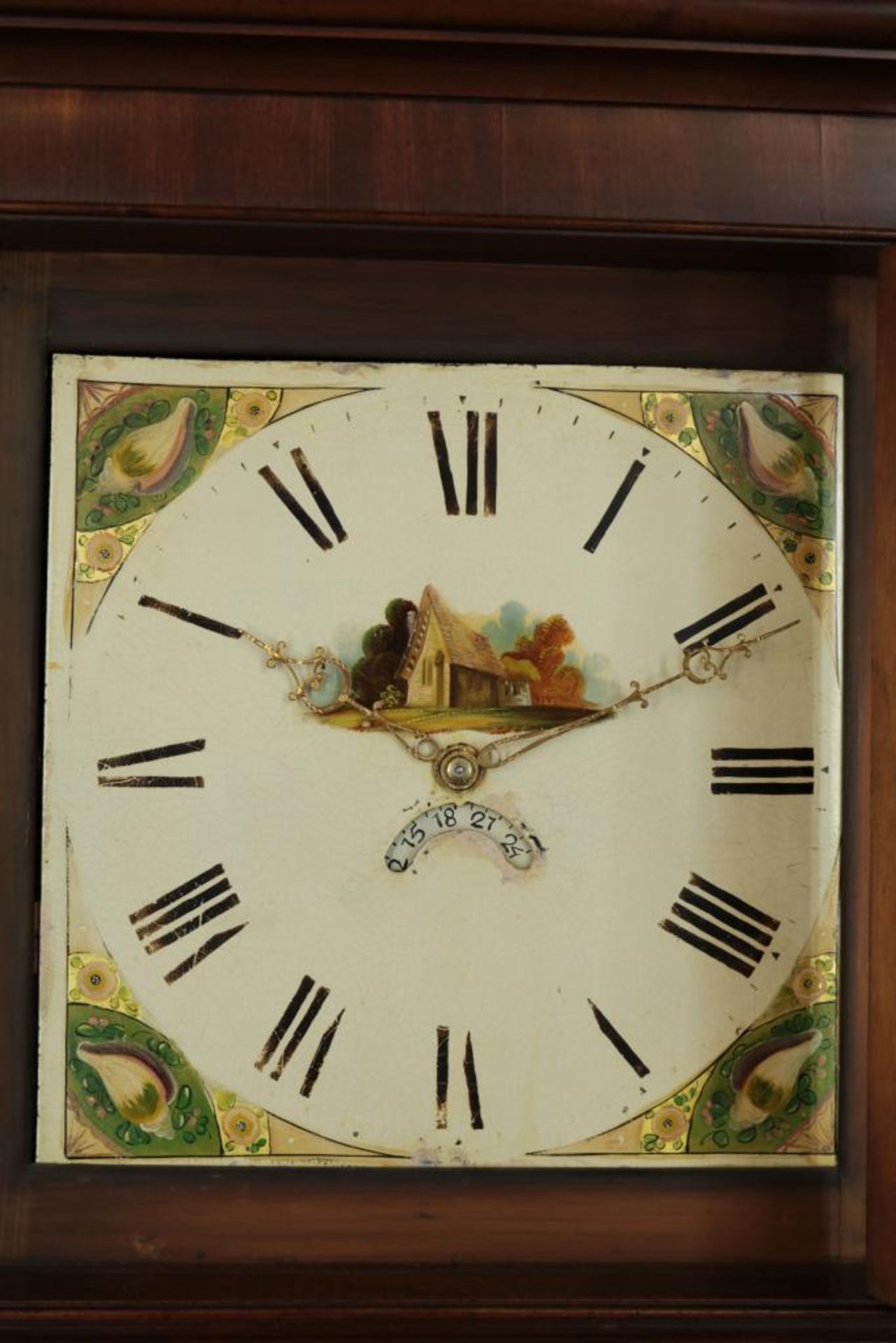 Staand horloge met beschilderde wijzerplaat en beschilderde slinger in mahonie kast, Engeland ca. - Bild 2 aus 3