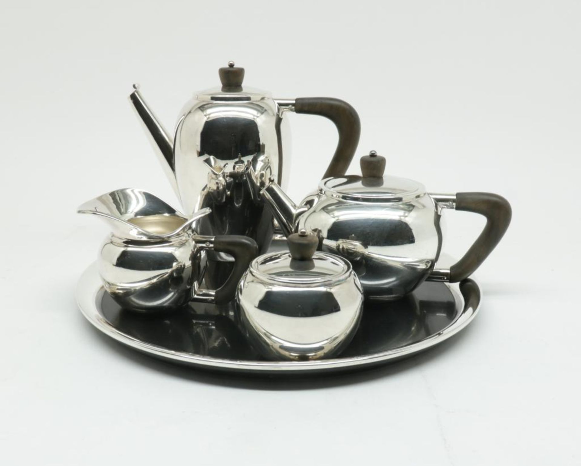 Vijfdelig zilveren thee en koffie servies met houten grepen, Italië, 60'er - 70'er jaren, 925/000,