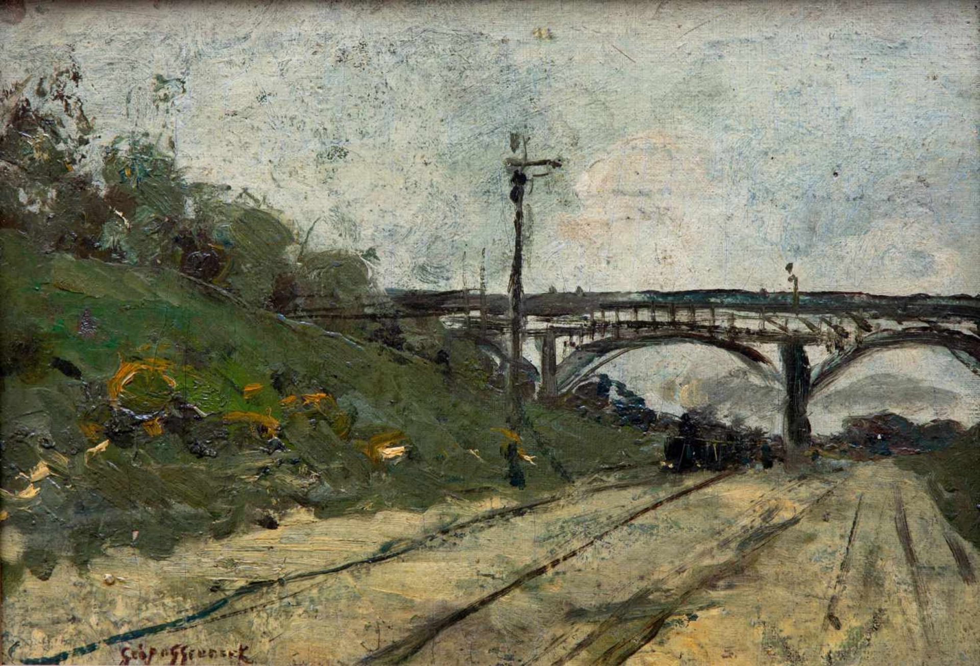 Geo Poggenbeek (1853-1903)Stoomtrein onder een brug, herkomst: wijlen mevrouw Angeline Thole,
