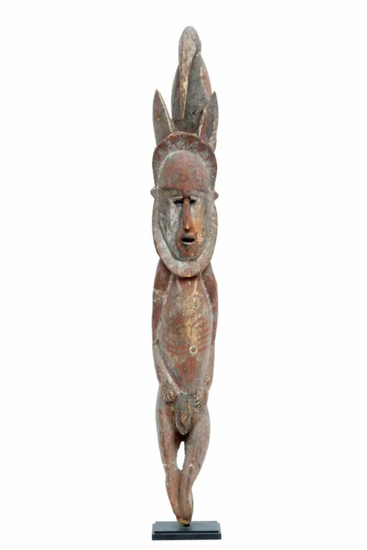 PNG, Abelam, wooden ancestral figurewith large open mouth, carved lining on face and beard and