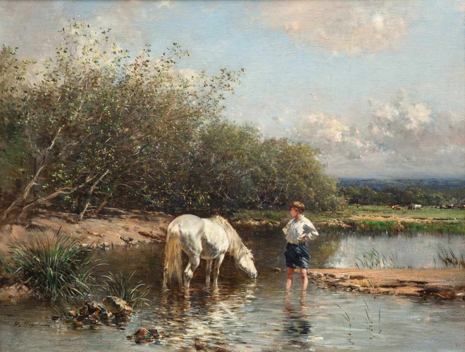 Victor Pierre Huguet (1835-1902)Jongen bij paard drinkend in een beekje, herkomst: wijlen mevrouw