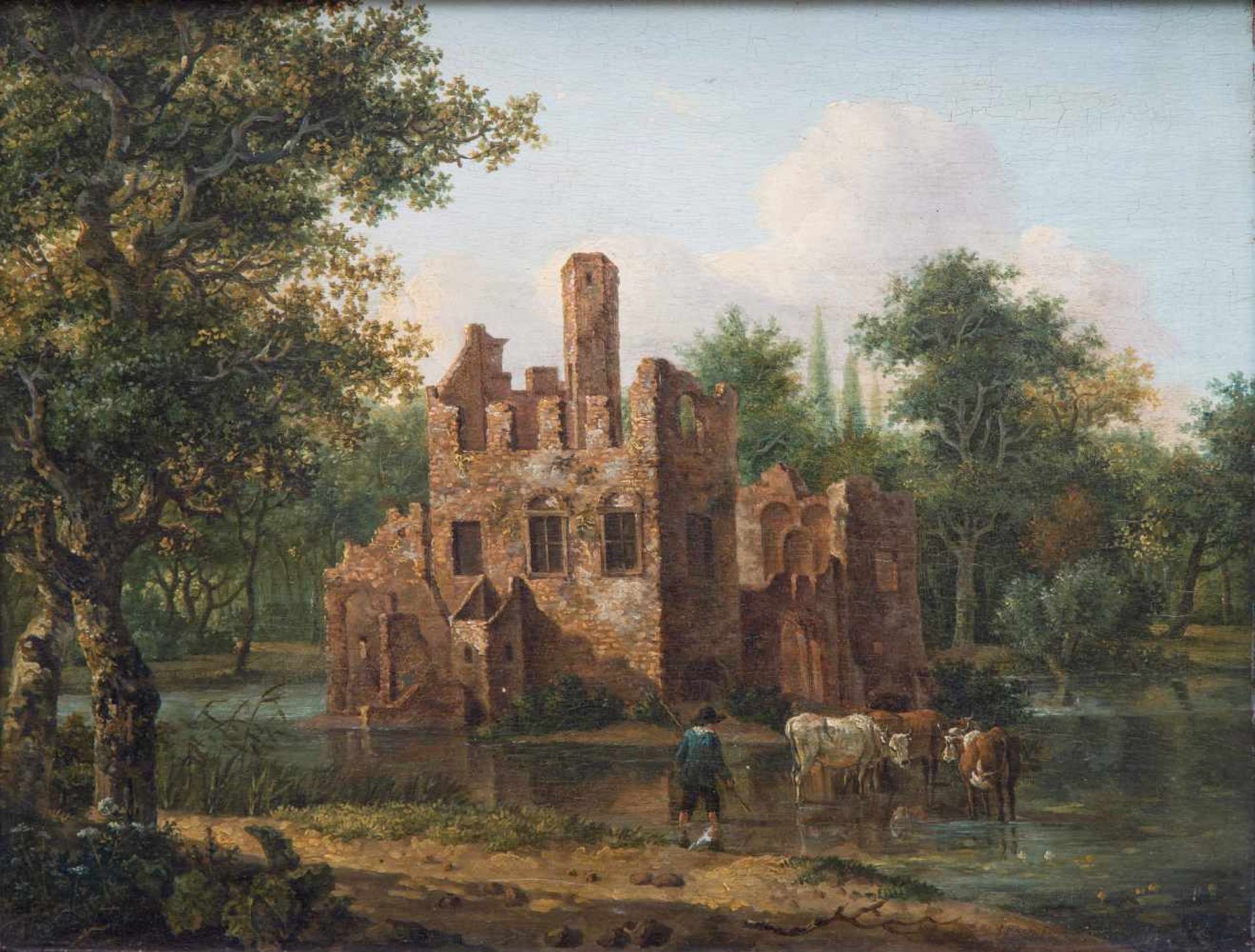 Jan Ekels I (1724-1781)Herder met koeien bij de ruïne van Huis te Spange, herkomst: wijlen mevrouw