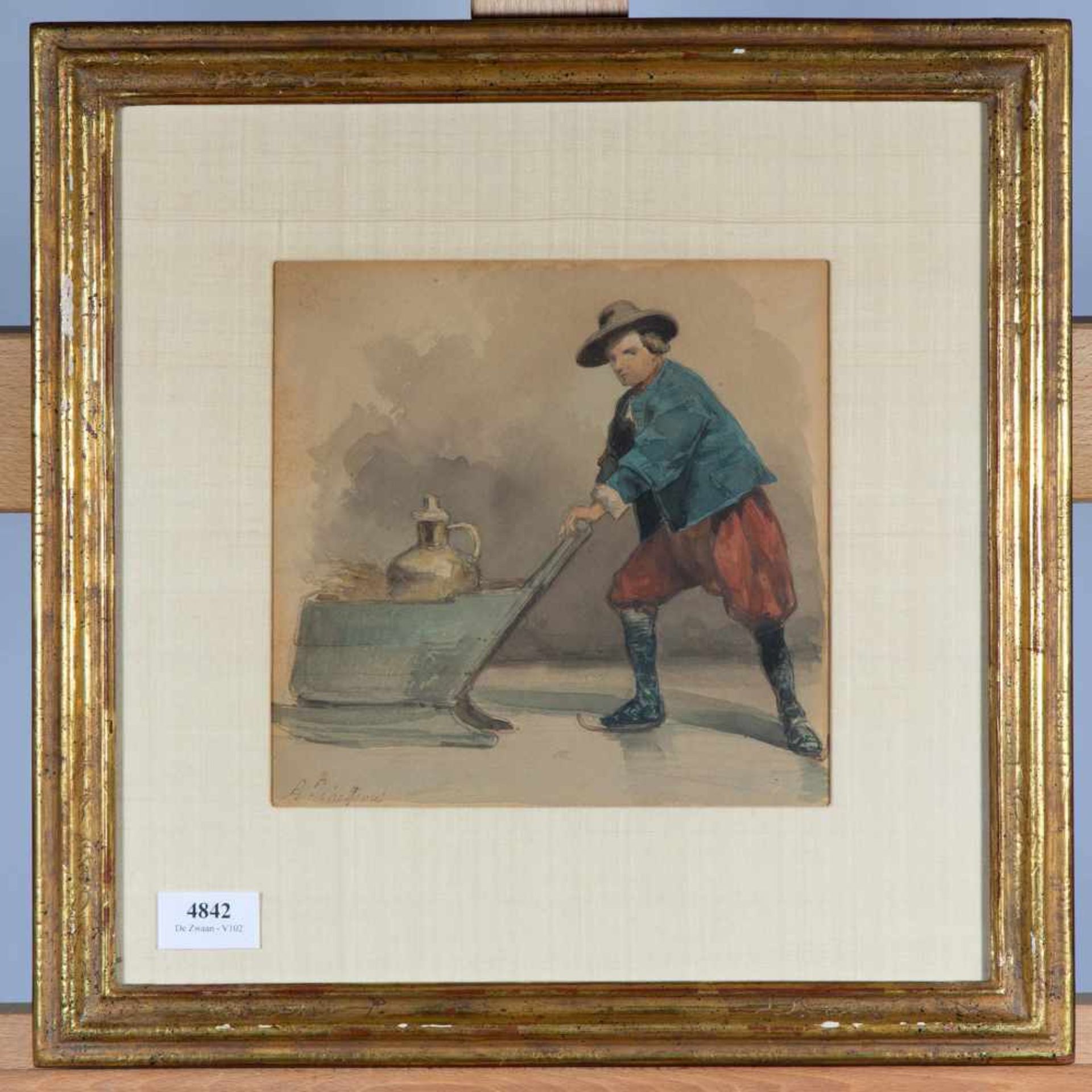 Andreas Schelfhout (1787-1870)Man achter slee met koperen melkkan op het ijs, aquarel, gesign. l.o., - Bild 3 aus 3