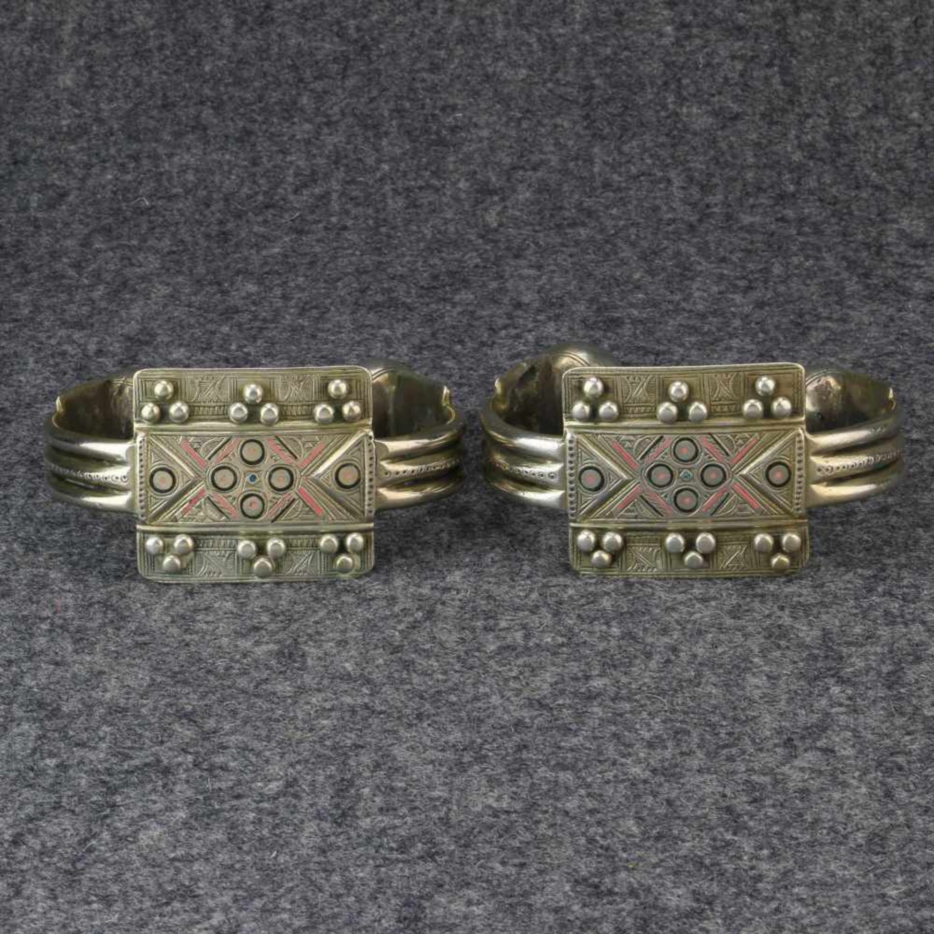 Mauritania, pair of silver anklets, 'Khelkhal',with decoration of enamel in geometrical shapes and