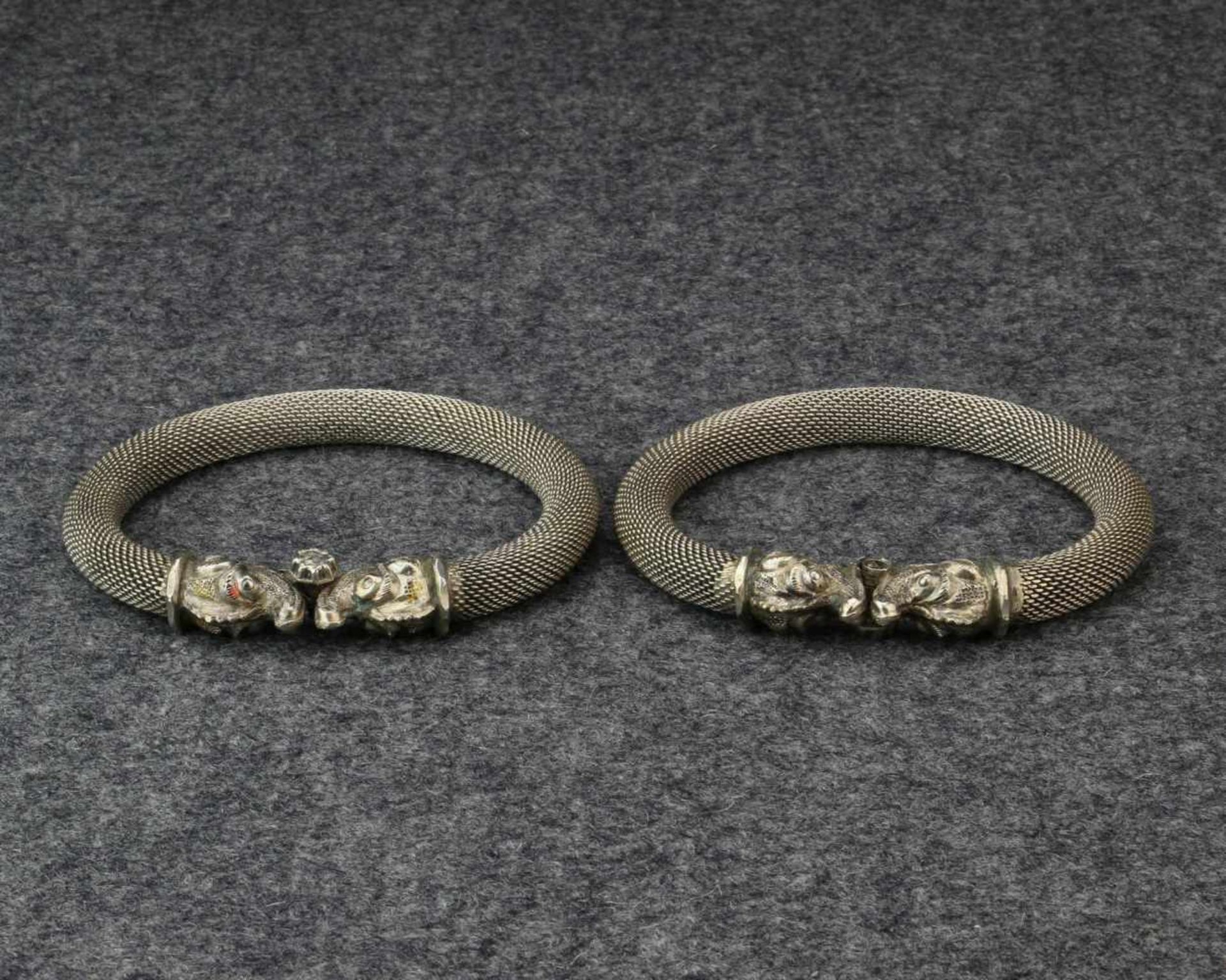 India, Rajasthan, pair of knitted-wire, flexible-tube bracelets, 'Bala'each with two Makara Heads.