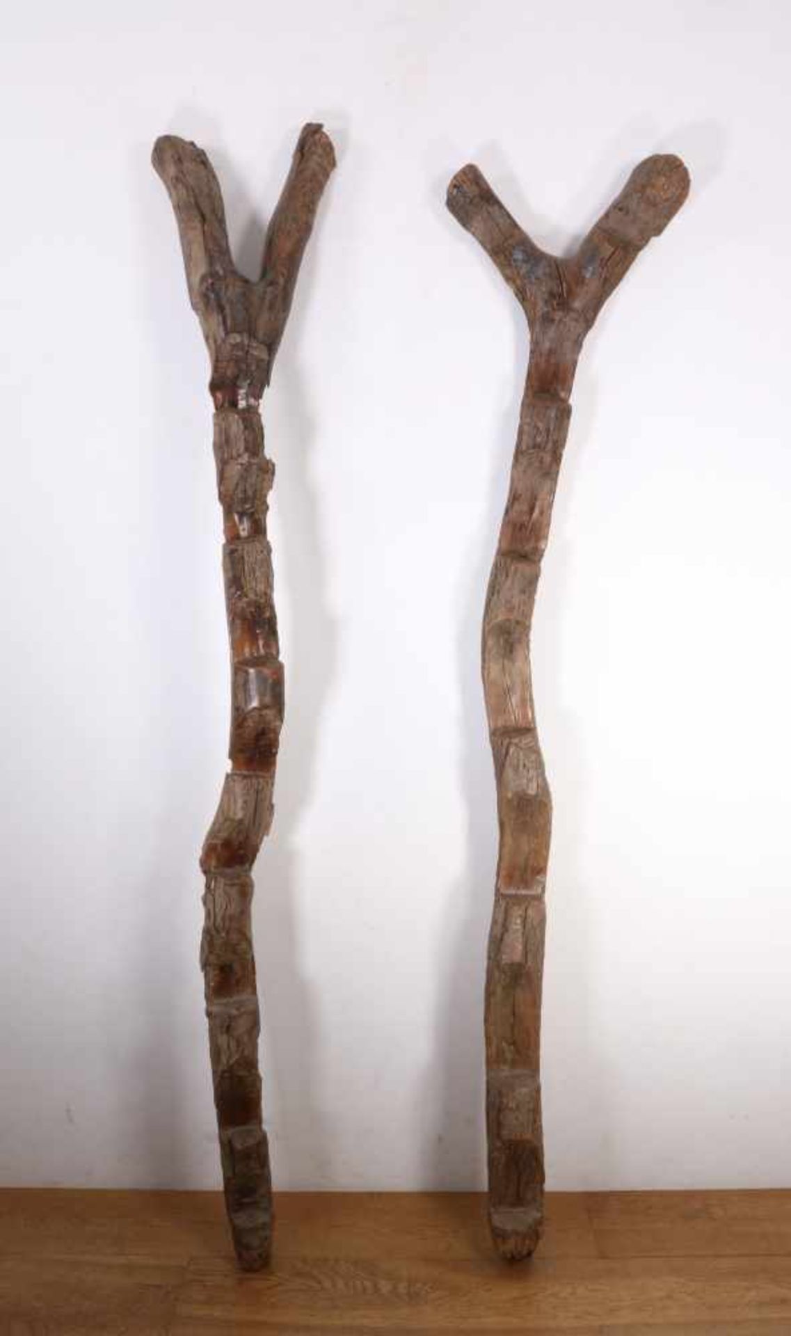 Mali, Dogon, two wooden granery ladders , h. 208 and 215 cm. [2]600