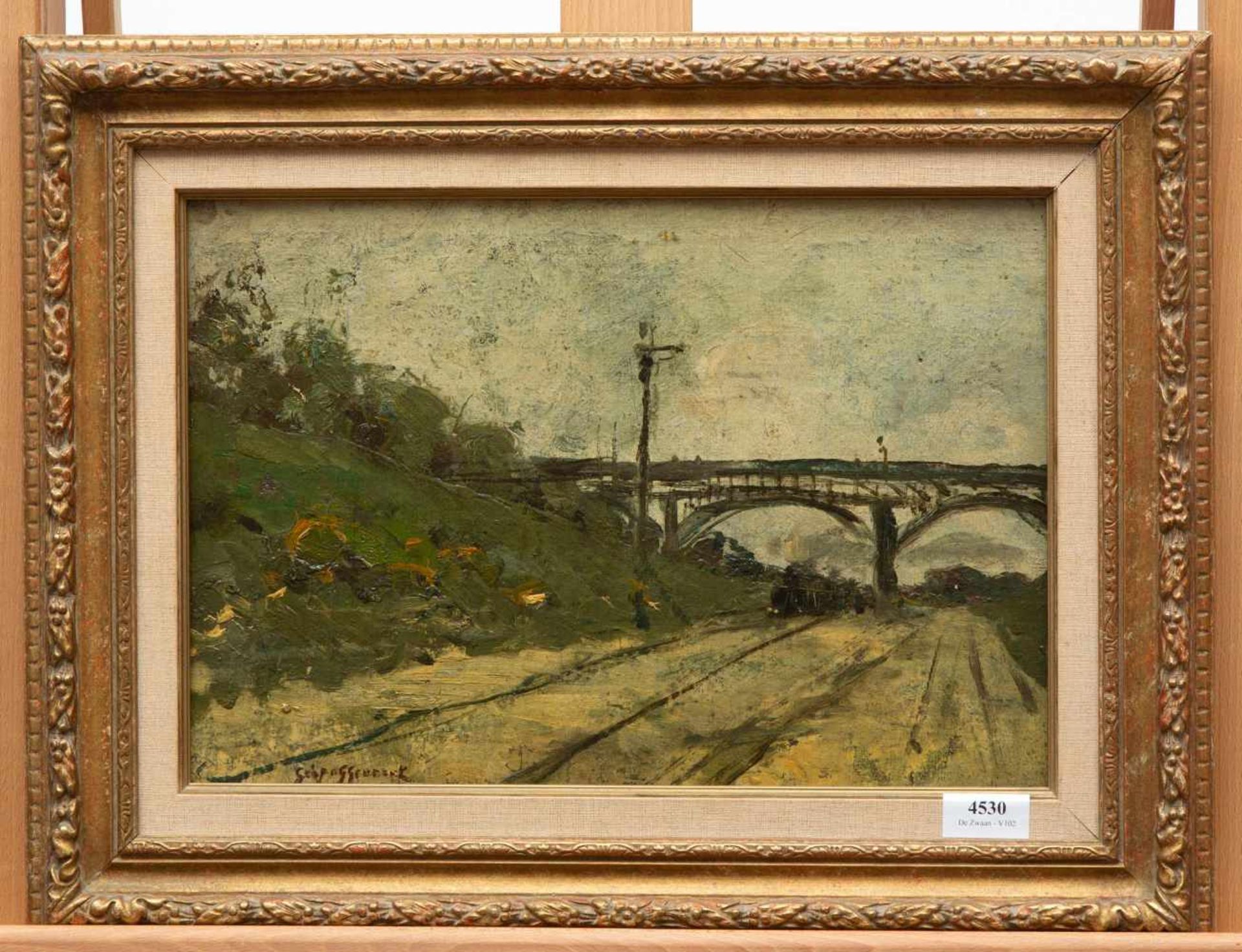 Geo Poggenbeek (1853-1903)Stoomtrein onder een brug, herkomst: wijlen mevrouw Angeline Thole, - Bild 2 aus 4
