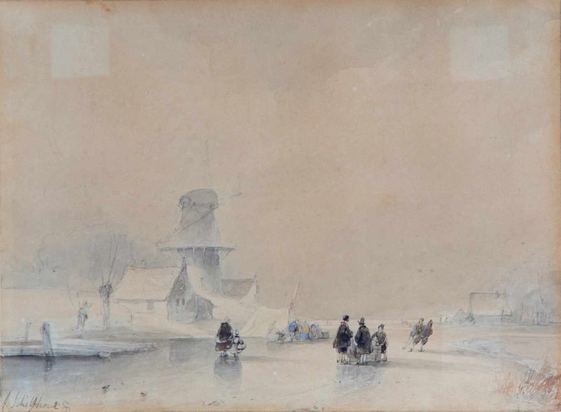 Andreas Schelfhout (1787-1870)Landschap met figuren op een bevroren vaart bij een molen, inkt en