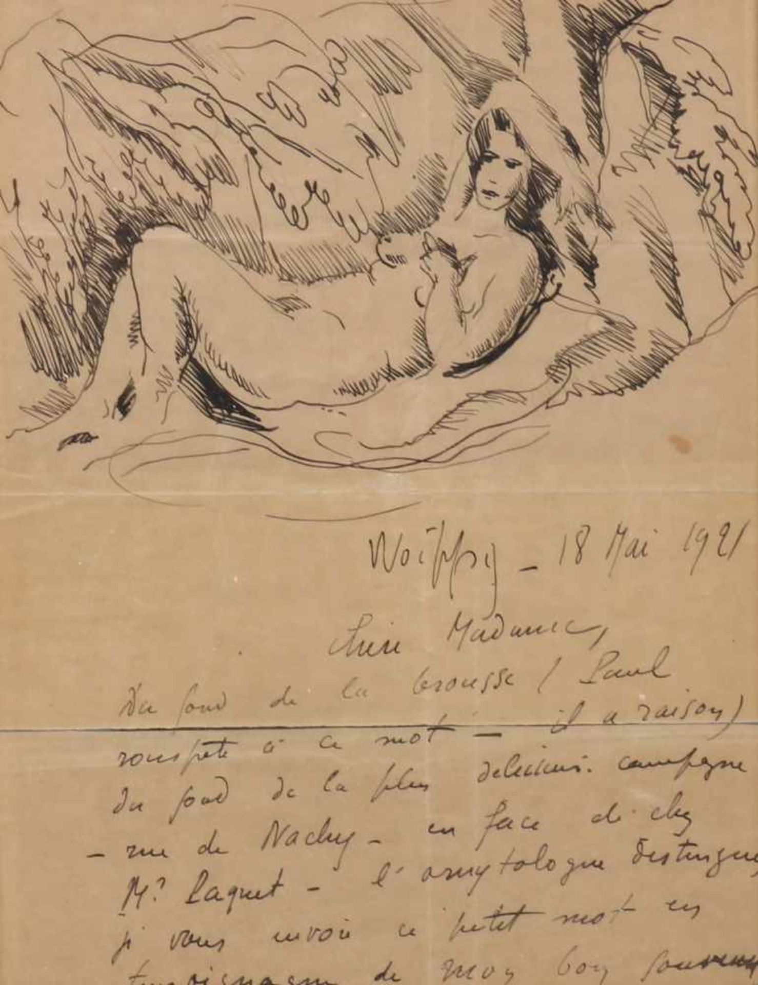 Amédée de la Patelliere (1890-1932)Liggend naakt. Handgeschreven brief met aan weerszijden een - Bild 2 aus 3