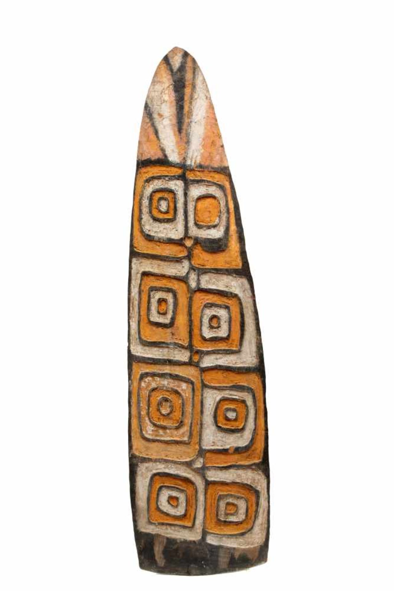 Papua, Asmat, war shield, with carved anthropomorphic faces in ochre, white, black and pink