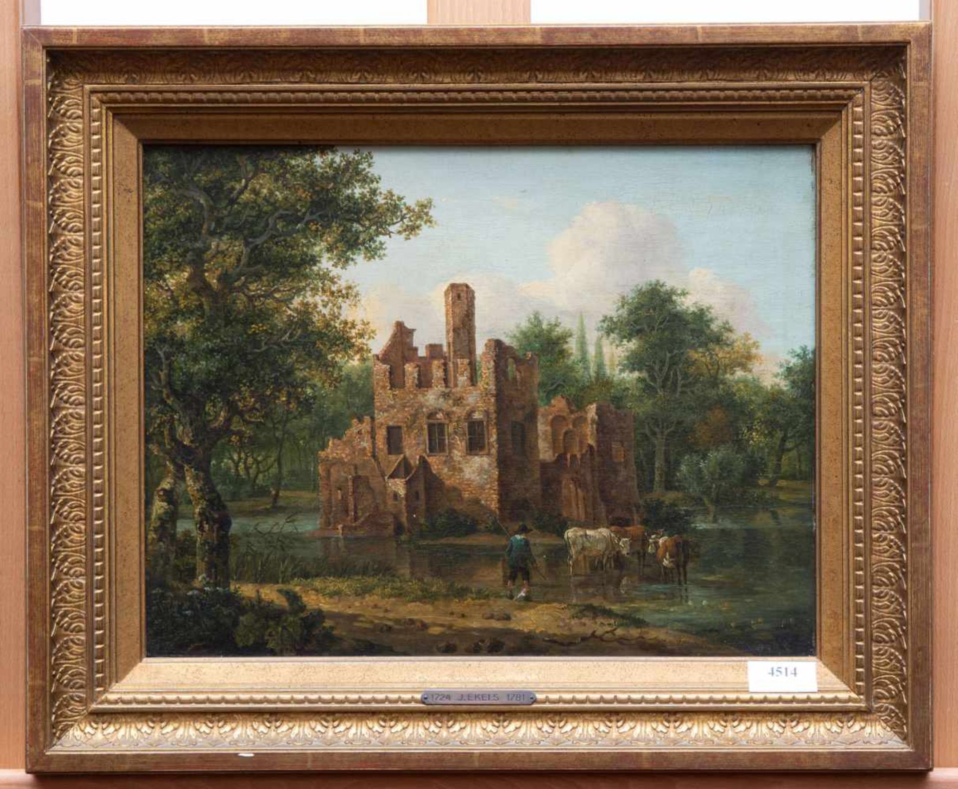 Jan Ekels I (1724-1781)Herder met koeien bij de ruïne van Huis te Spange, herkomst: wijlen mevrouw - Bild 2 aus 6