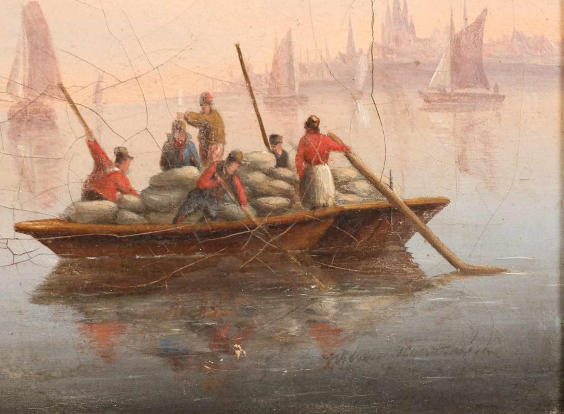 Onduidelijk gesigneerd r.o., 19e eeuwSchepen op een rivier, doek, 35 x 43 cm. [1]100 - Bild 4 aus 4