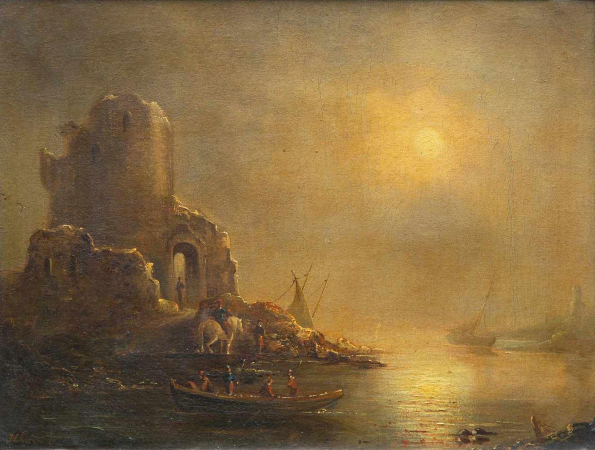 Henriette Herminie Gudin (1825-1876)Schepen bij een ruïne voor de kust bij maanlicht, doek,