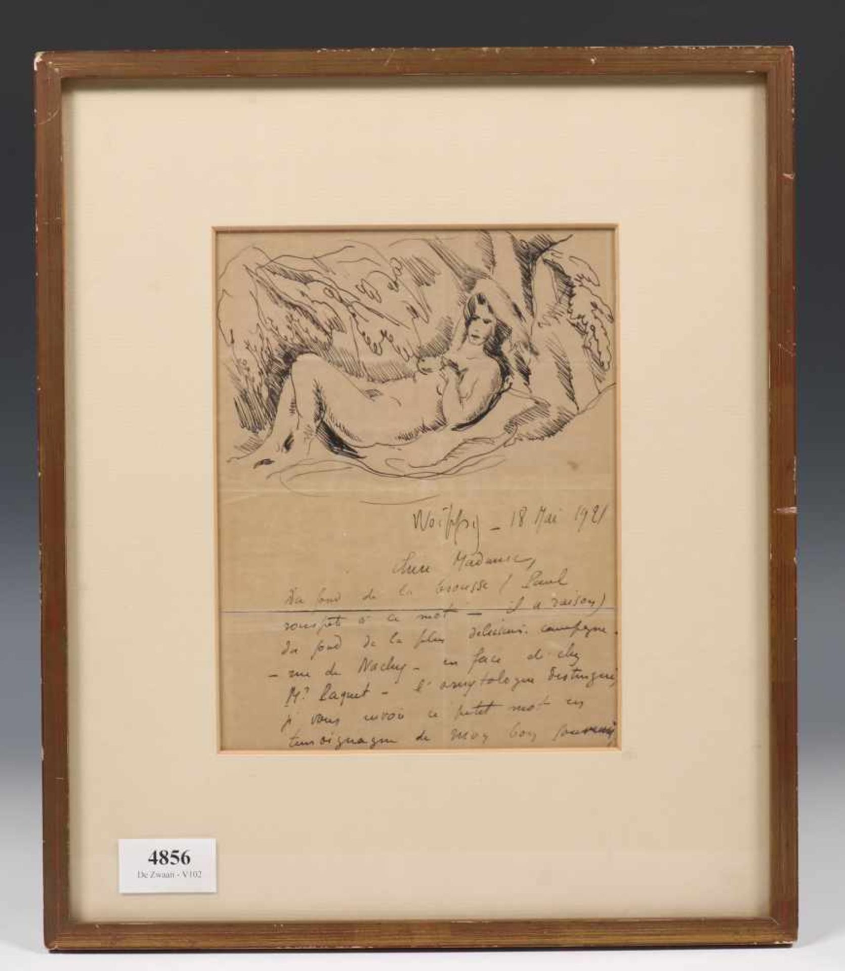 Amédée de la Patelliere (1890-1932)Liggend naakt. Handgeschreven brief met aan weerszijden een