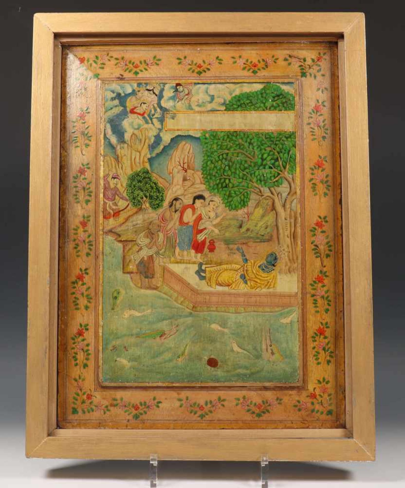 India, beschilderd houten paneel, Krishna in tuin en boekblad miniatuur van ruiters te paard en