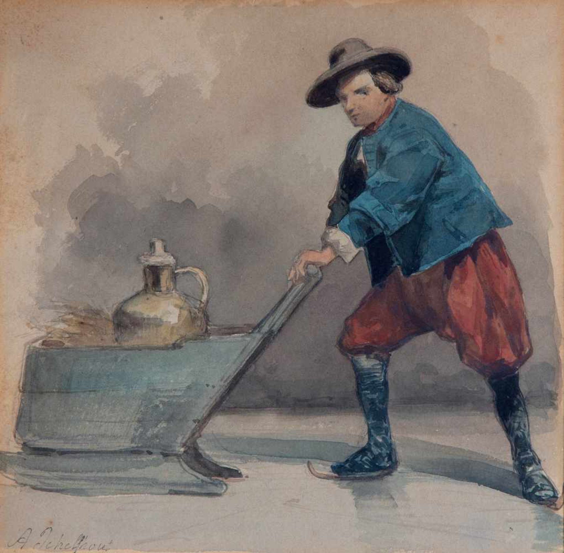 Andreas Schelfhout (1787-1870)Man achter slee met koperen melkkan op het ijs, aquarel, gesign. l.o.,