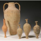 A collection of five Roman earthenware unguentarium bottles, 2nd BC - 3rd AD and two Greek vases, po