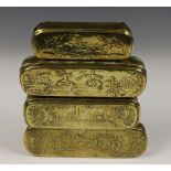 Vier verschillende 'Iserlohner' geelkoperen tabaksdozen, 18e eeuw,
