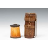 Dayak, bamoo container with copper instrument and Batak, small lime container, ca. 1920.