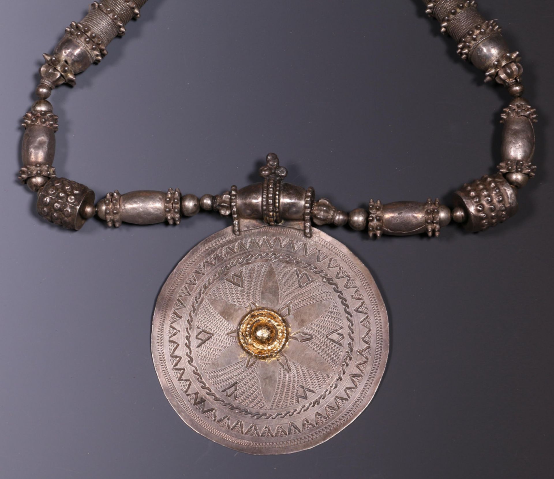 Jemen, silver alloy necklace with big beads and disk-shaped pendant