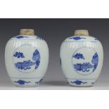 China, paar blauw-wit porseleinen gemberpotten in Kangxi stijl,