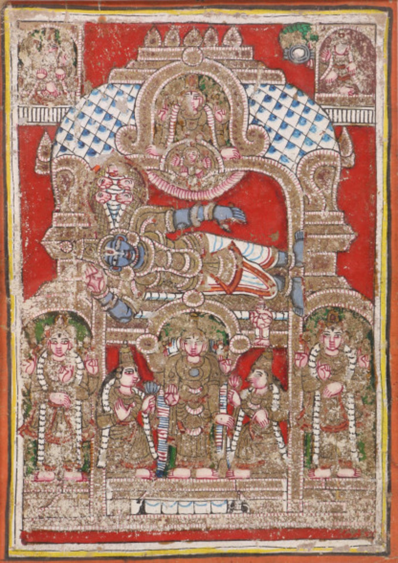 Zuid India, Vishnu Anantashayin, slapend op de slang Ananta, terwijl Brahma uit zijn navel wordt geb