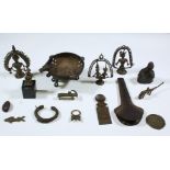 India, two brass bustes with pointed hats and a collection of various brass, copper and metal object