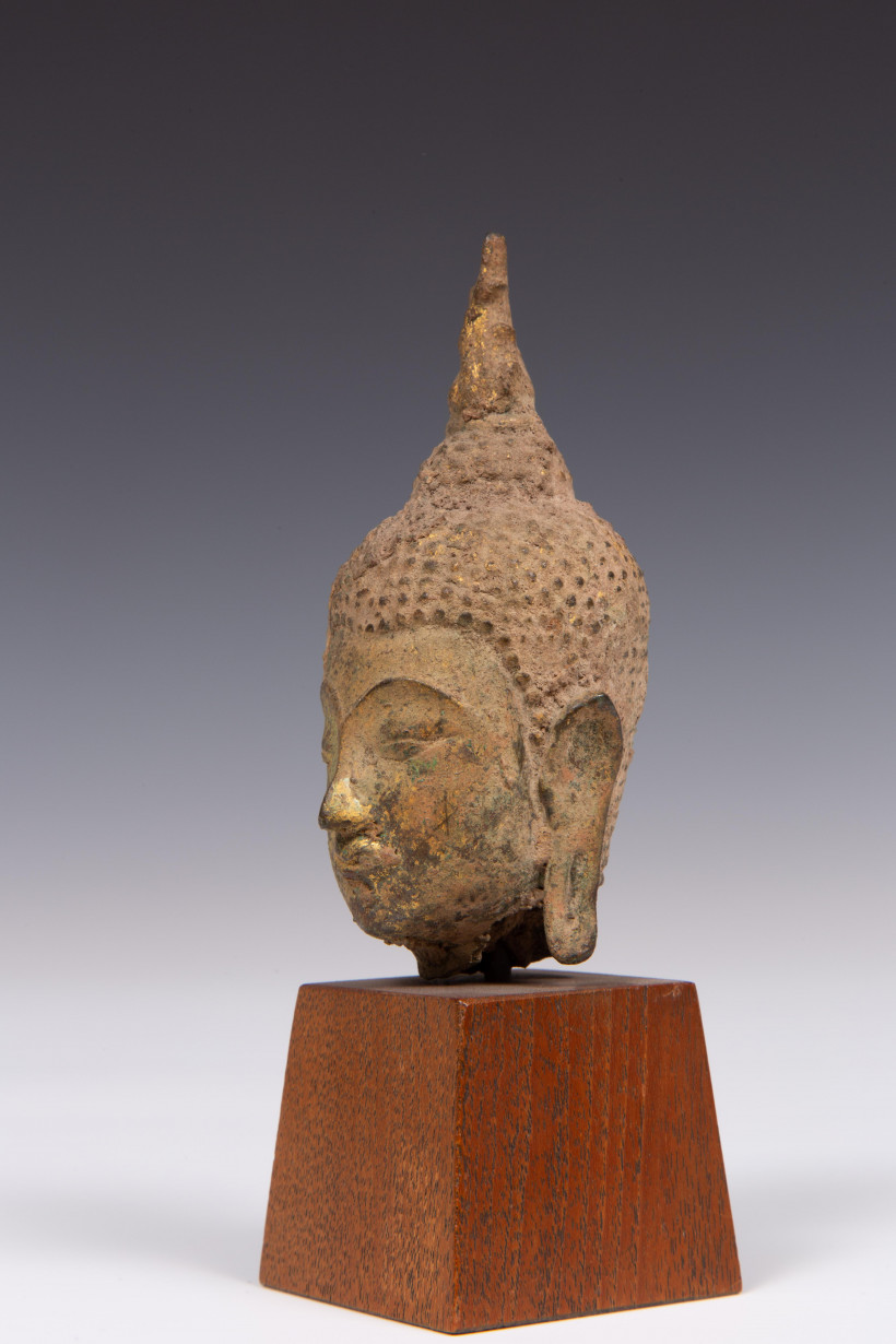 Thailand, bronzen en verguld Boeddha hoofd, Ayutthaya, 17e eeuw,
