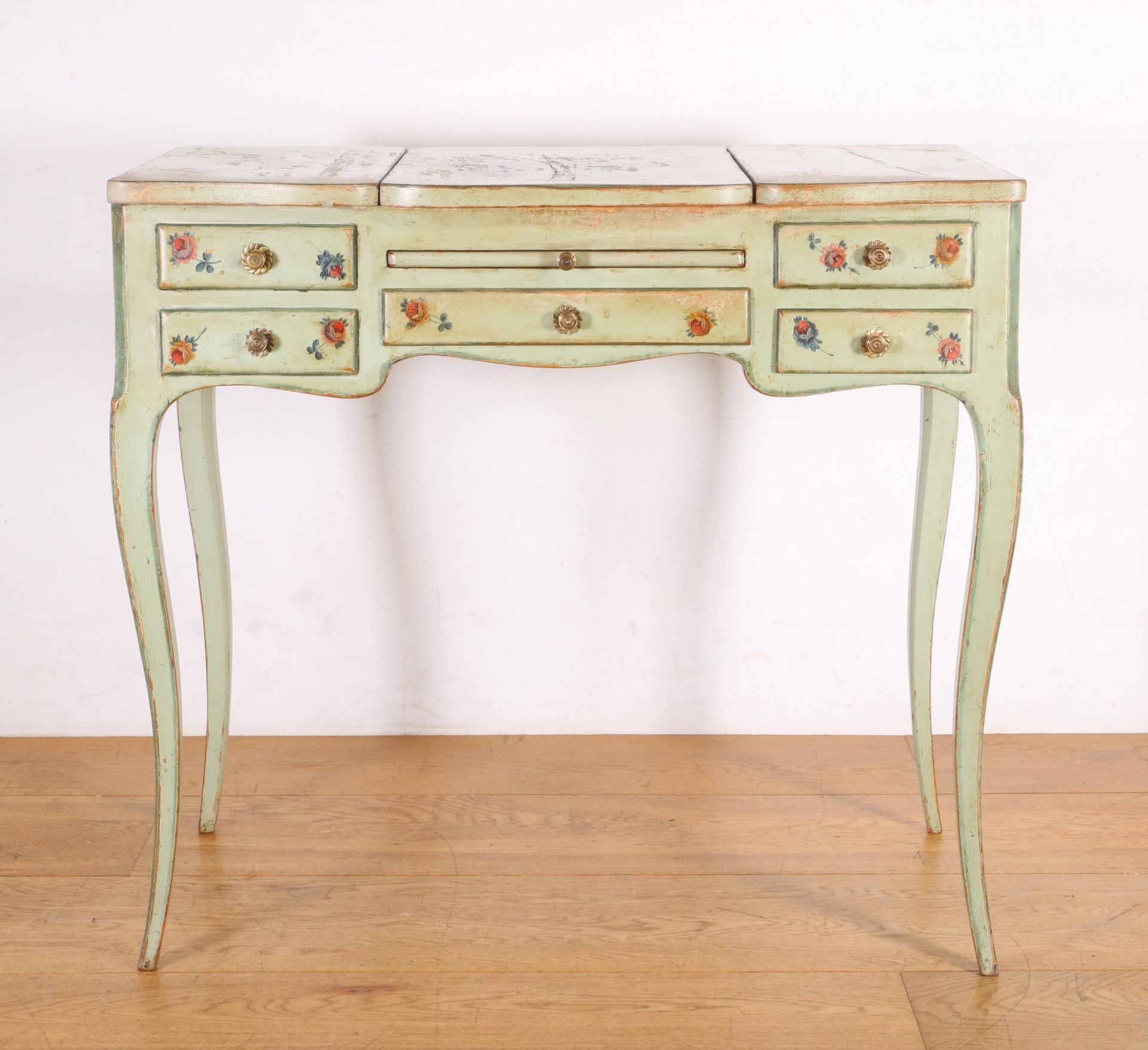 Groen gelakt houten bureau-toilette, 'poudreuse' in Louis XV-stijl, 19e eeuw,