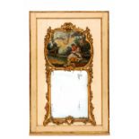 Schouwstuk spiegel en schildering op doek in verguld en gebronsde omlijsting in Louis XV-stijl, 19de