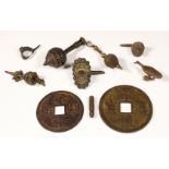 Southeast Asia, collection of eight brass objects and China, two big metal coins