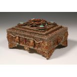 Tibet, decorated metal jewelry box, set with many semi precious stones, 20e century