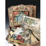 Houten en papieren theatertje, op te bergen in houten kist, samengesteld, ca, 1900,