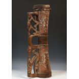Papua, Asmat, small drum, the handle openworked showing anthropomorphs and hornbill, details in red,