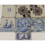 Delft, zeven blauw-wit en mangaan aardewerk tegels, 17e-18e eeuw,