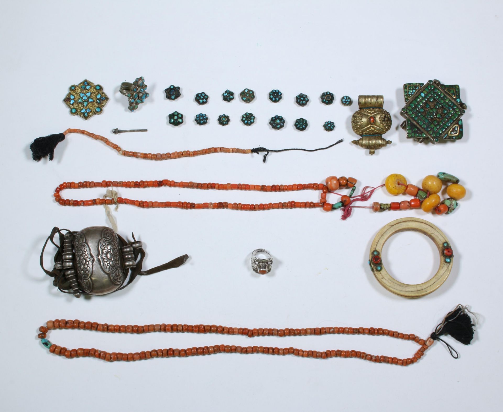 Southeast Asia, collection of jewelry silver containers, necklaces with possibly coral or amber bea