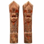 Sumatra, Batak, pair carved wooden Singha heads being architectural ornaments
