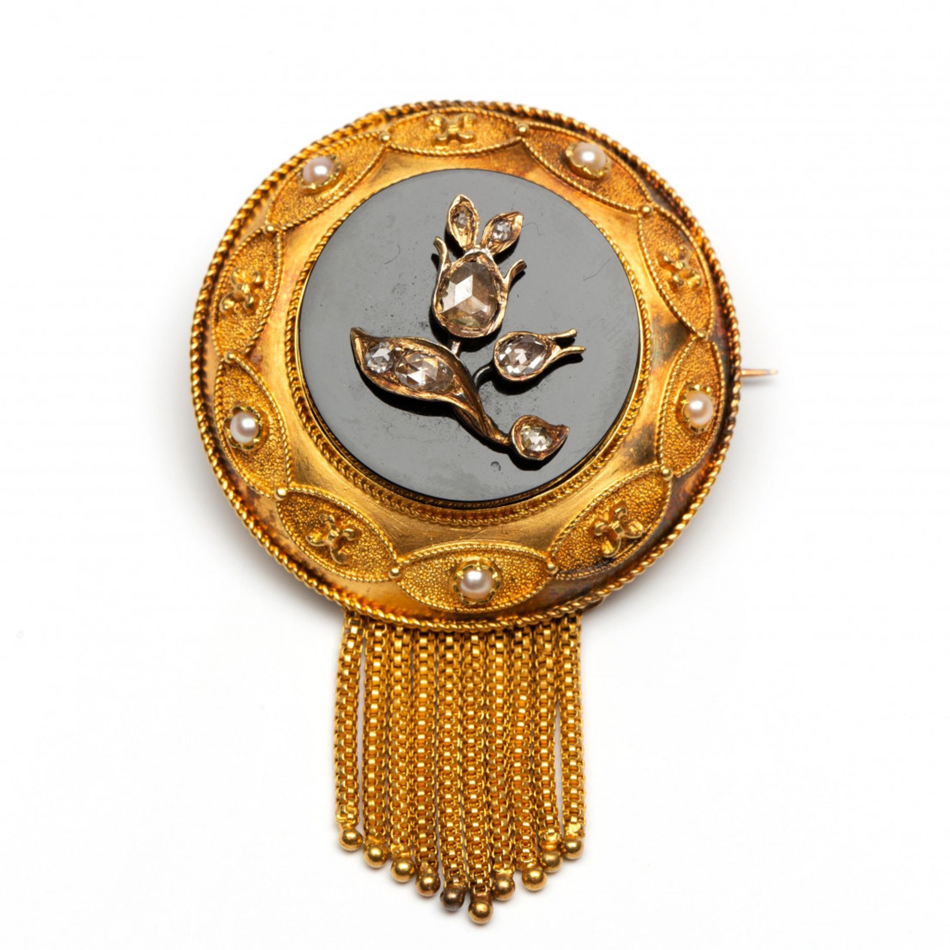 14krt. Gouden ronde broche, 19e eeuw,