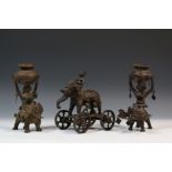 India, metal Temple Toys elephant and rider on wheels and two temple servants, one with oil lamps