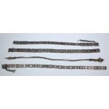 India, collecetion of three silver alloy belts with square panels and one silver alloy belt of three