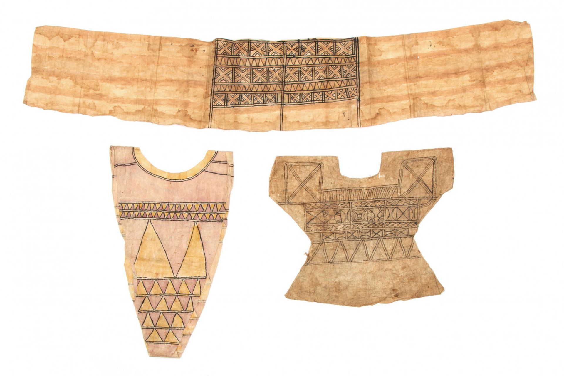 Indonesia, Sulawesi, three tapa bark cloth fragments