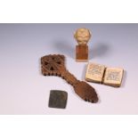 Sierra Leone, small stone kissi head and Ethiopia, wooden cross, small prayer book and stone amulet