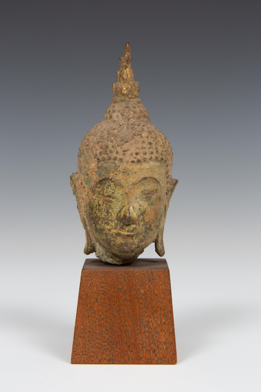 Thailand, bronzen en verguld Boeddha hoofd, Ayutthaya, 17e eeuw, - Image 3 of 4