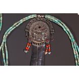 Egypt, two beaded necklaces with antique amulets and South America, two turquoise necklaces with pen