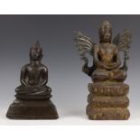 Bruin gepatineerd antieke bronzen Boeddha en houten Boeddha,