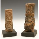 Guatemala, two terracotta urns, pipe shaped, decorations of anthrophomorph animal and rider, possibl