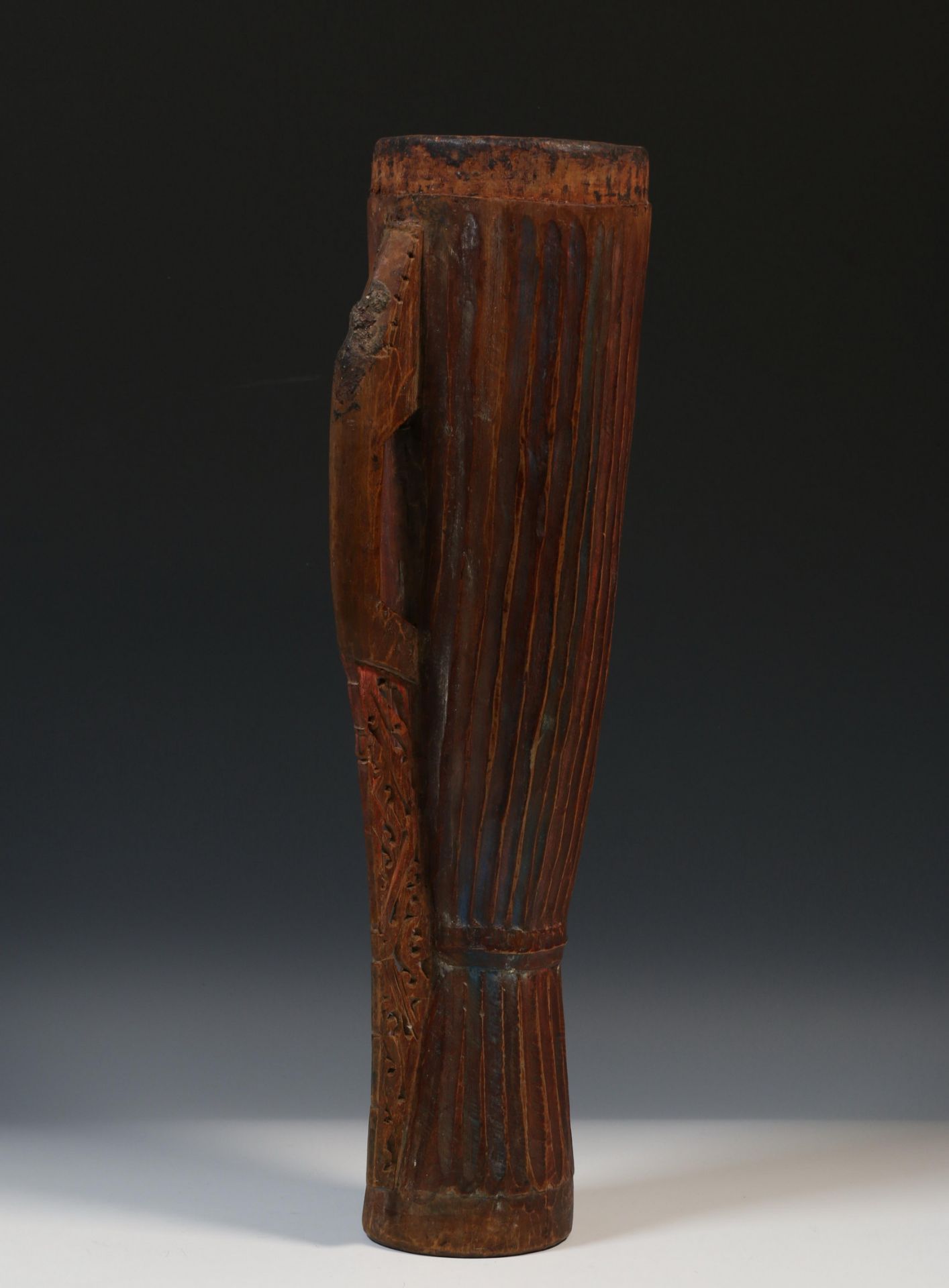 Papua, Cenderawasih Bay, drum, fluted, the handle on lower part openworked, tympanum missing