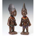Nigeria, Egba, Abeokuta, carver Oniyide Adugbologe, two female twin figures, beaded ornaments, cross