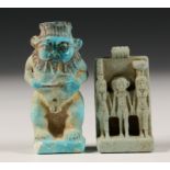 Egypt, faience statue of Bes and a amulet with three Farao's, Late Period.